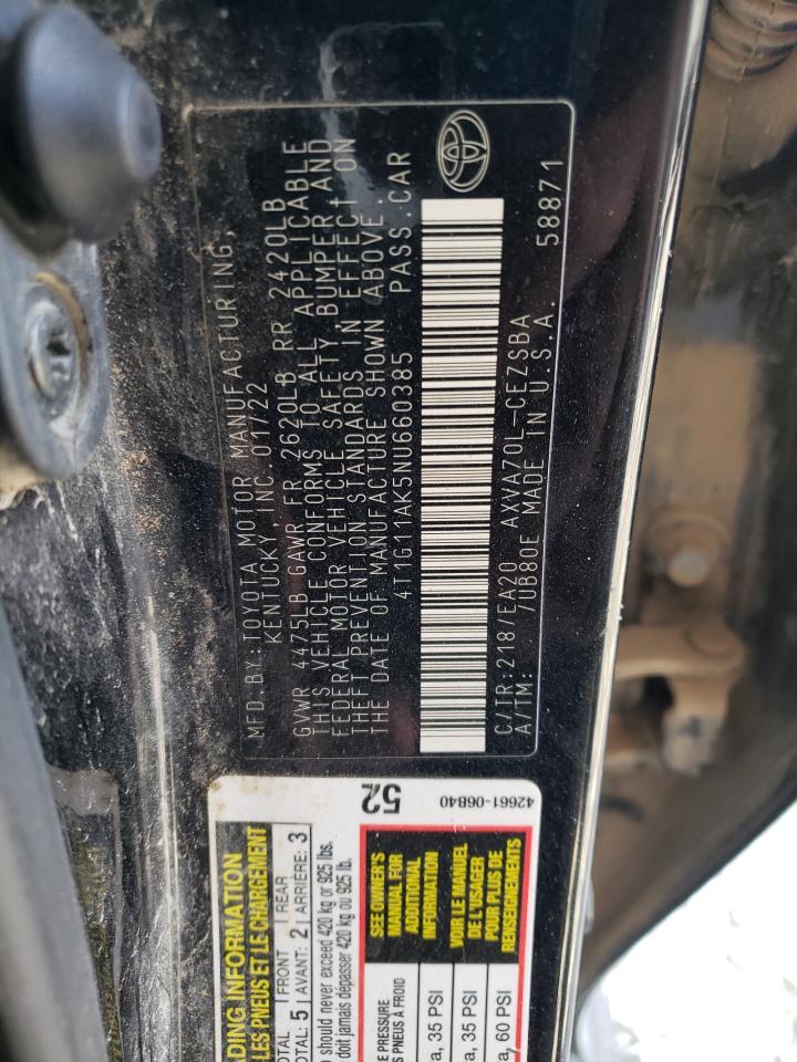 2022 TOYOTA CAMRY SE VIN:4T1G11AK5NU660385