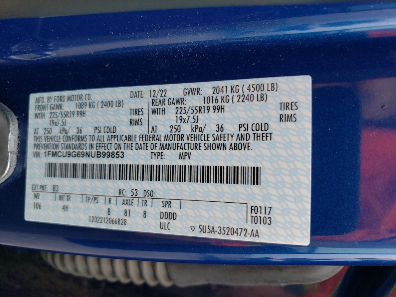 2022 FORD ESCAPE SE VIN:1FMCU9G69NUB99853