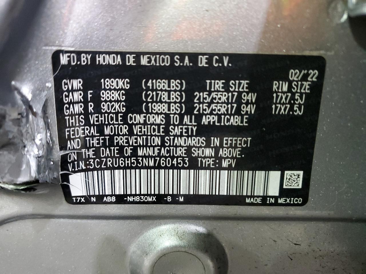 2022 HONDA HR-V EX VIN:3CZRU6H53NM760453
