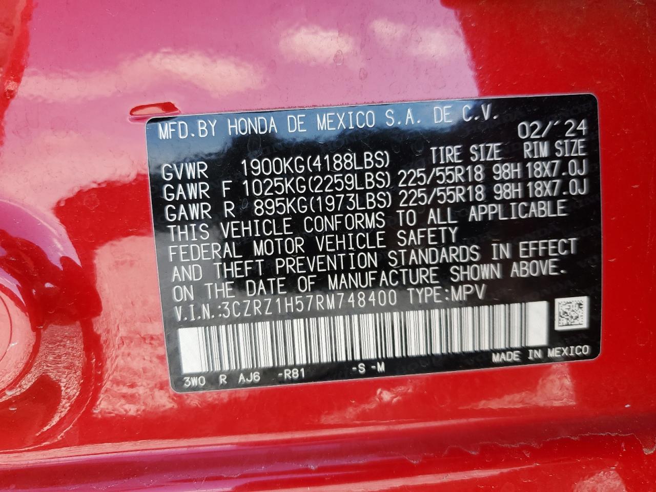 2024 HONDA HR-V SPORT VIN:3CZRZ1H57RM748400