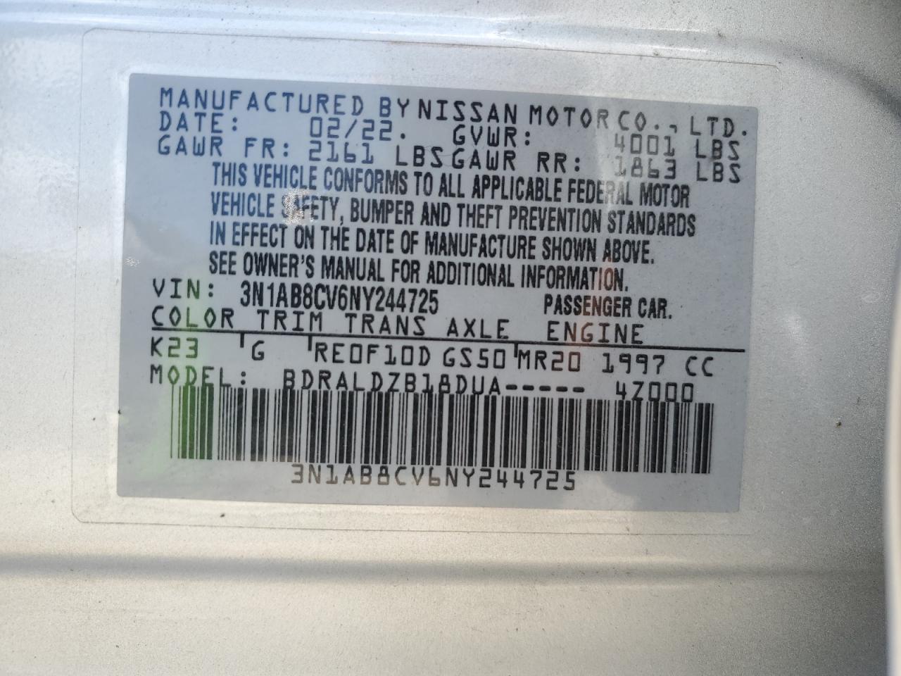 2022 NISSAN SENTRA SV VIN:3N1AB8CV6NY244725