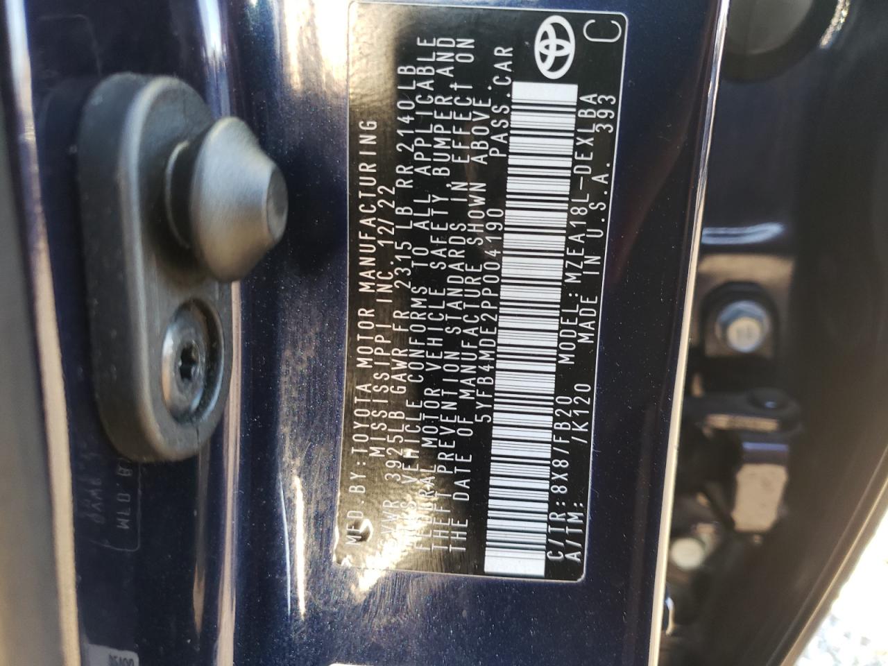 2023 TOYOTA COROLLA LE VIN:5YFB4MDE2PP004190