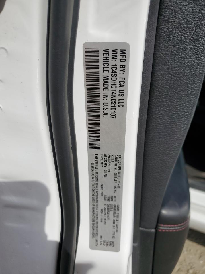 2022 DODGE DURANGO R/T VIN:1C4SDHCT4NC210107