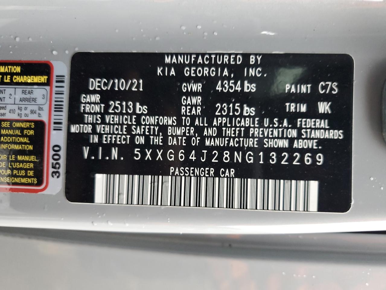 2022 KIA K5 GT LINE VIN:5XXG64J28NG132269