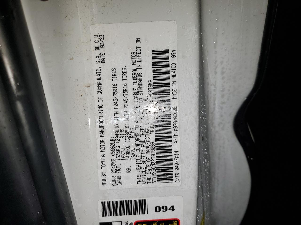 2023 TOYOTA TACOMA ACCESS CAB VIN:3TYRX5GN3PT078009