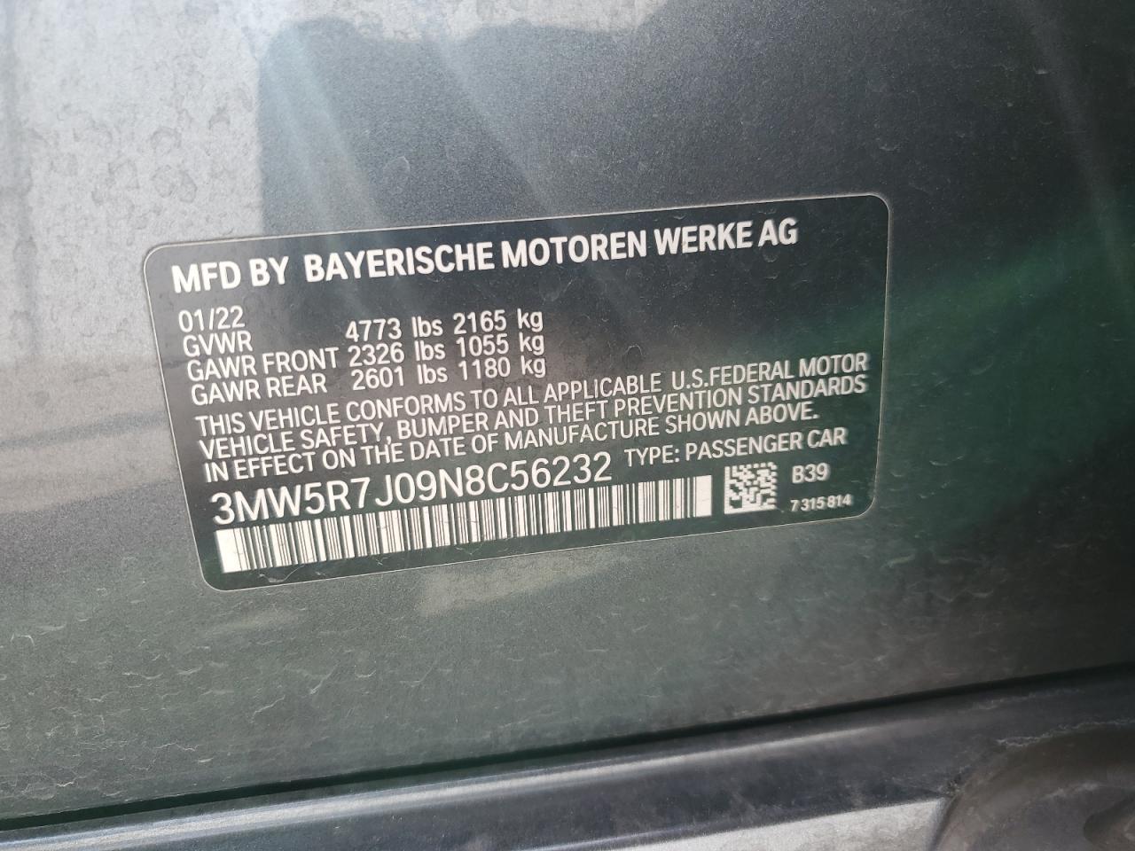 2022 BMW 330XI  VIN:3MW5R7J09N8C56232