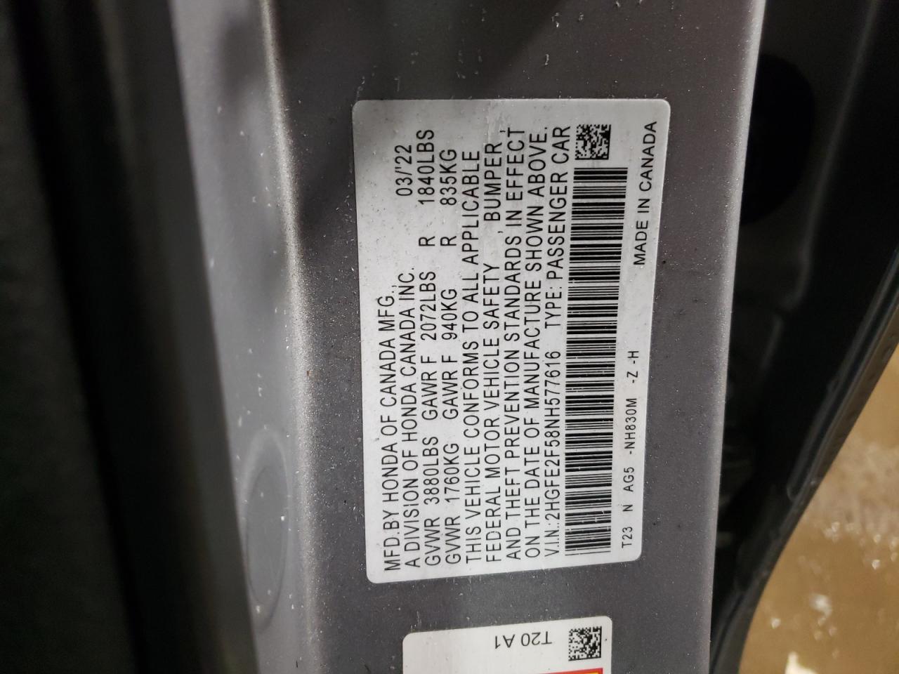 2022 HONDA CIVIC SPORT VIN:2HGFE2F58NH577616