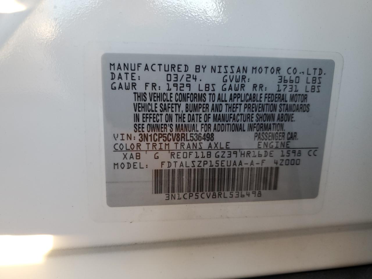 2024 NISSAN KICKS SV VIN:3N1CP5CV8RL536498