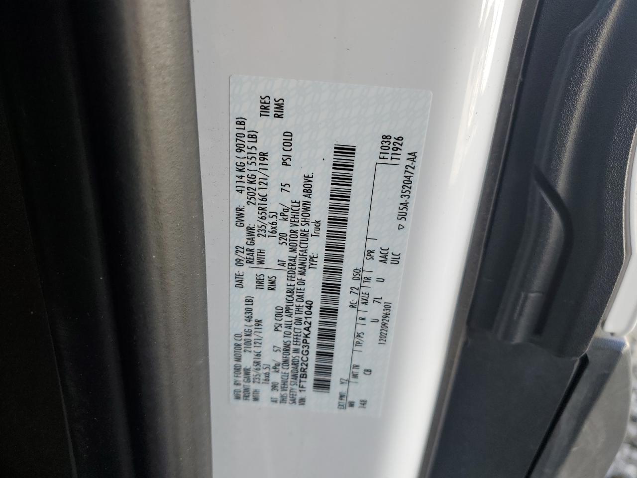 2023 FORD TRANSIT T-250 VIN:1FTBR2CG3PKA21040