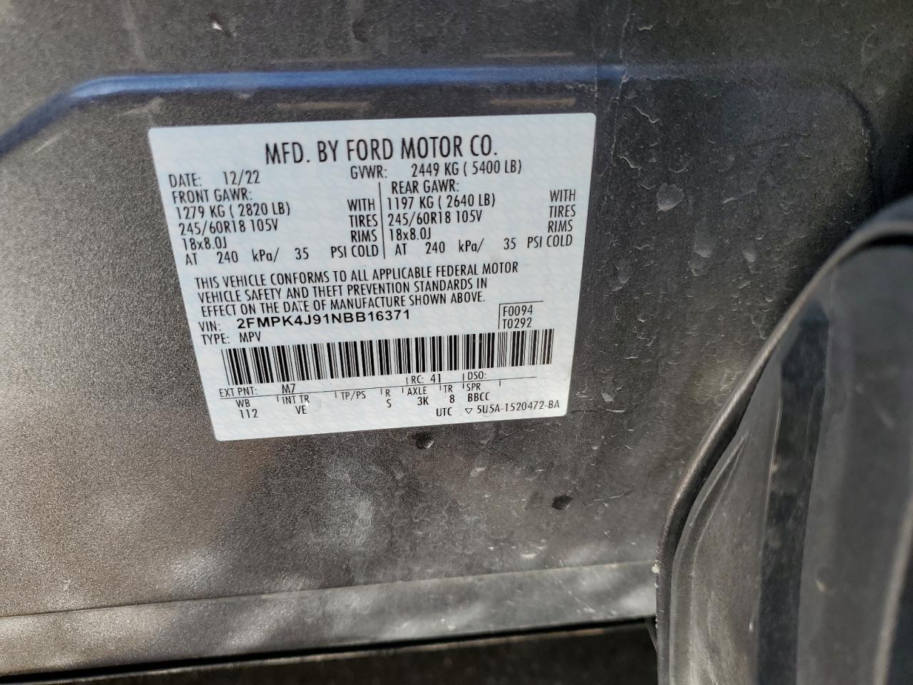 2022 FORD EDGE SEL VIN:2FMPK4J91NBB16371