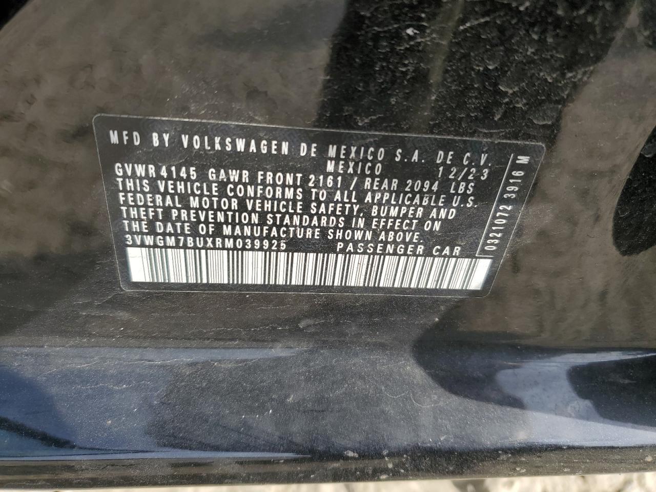 2024 VOLKSWAGEN JETTA SEL VIN:3VWGM7BUXRM039925