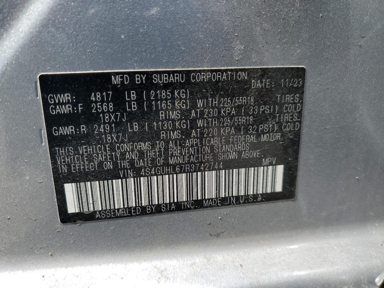 2024 SUBARU CROSSTREK LIMITED VIN:4S4GUHL67R3742744