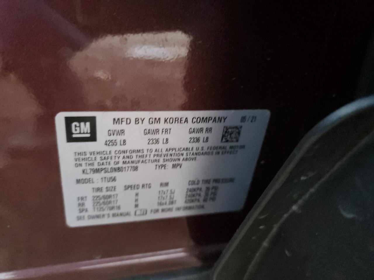 2022 CHEVROLET TRAILBLAZER LT VIN:KL79MPSL0NB017708