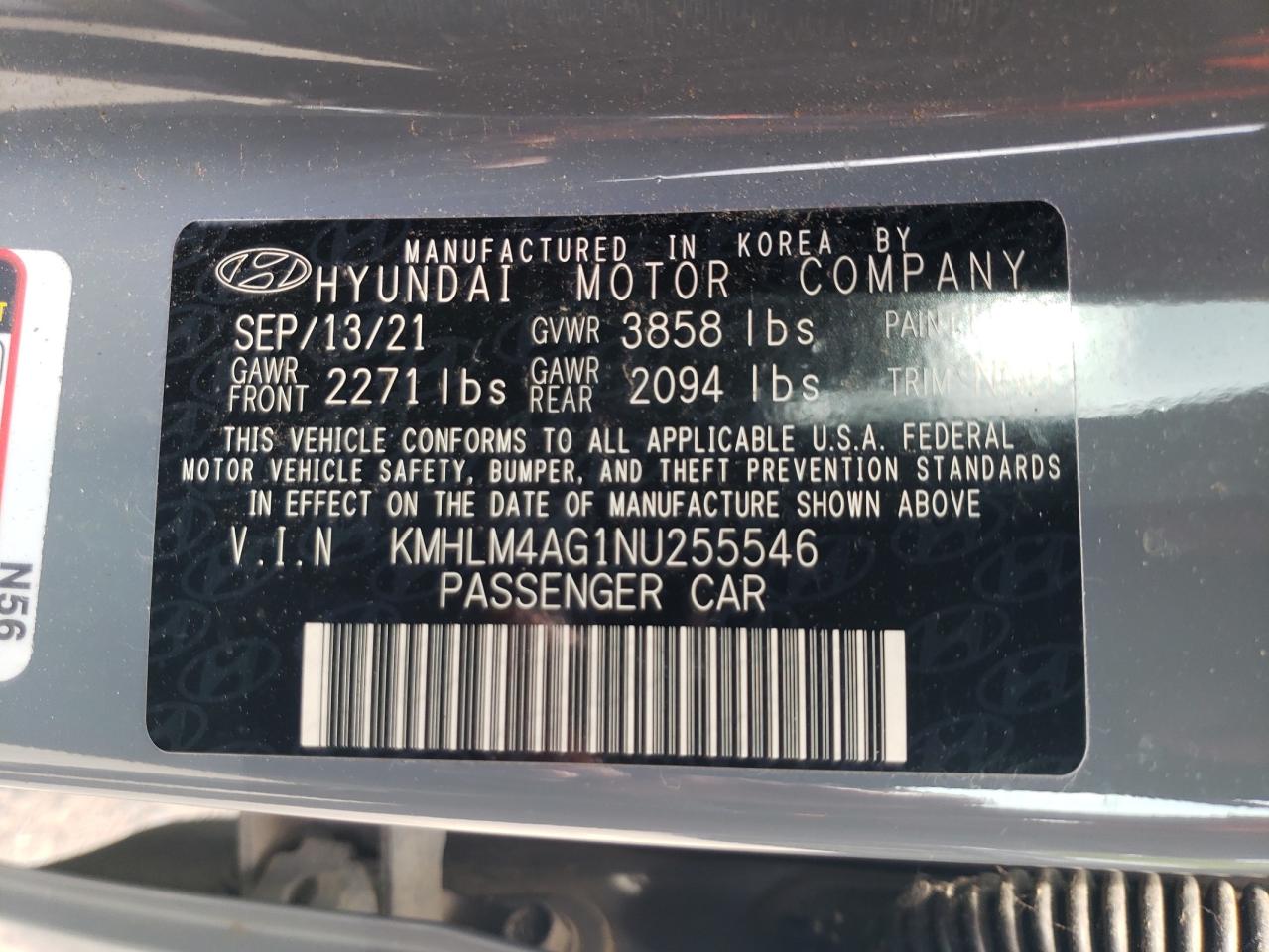 2022 HYUNDAI ELANTRA SEL VIN:KMHLM4AG1NU255546