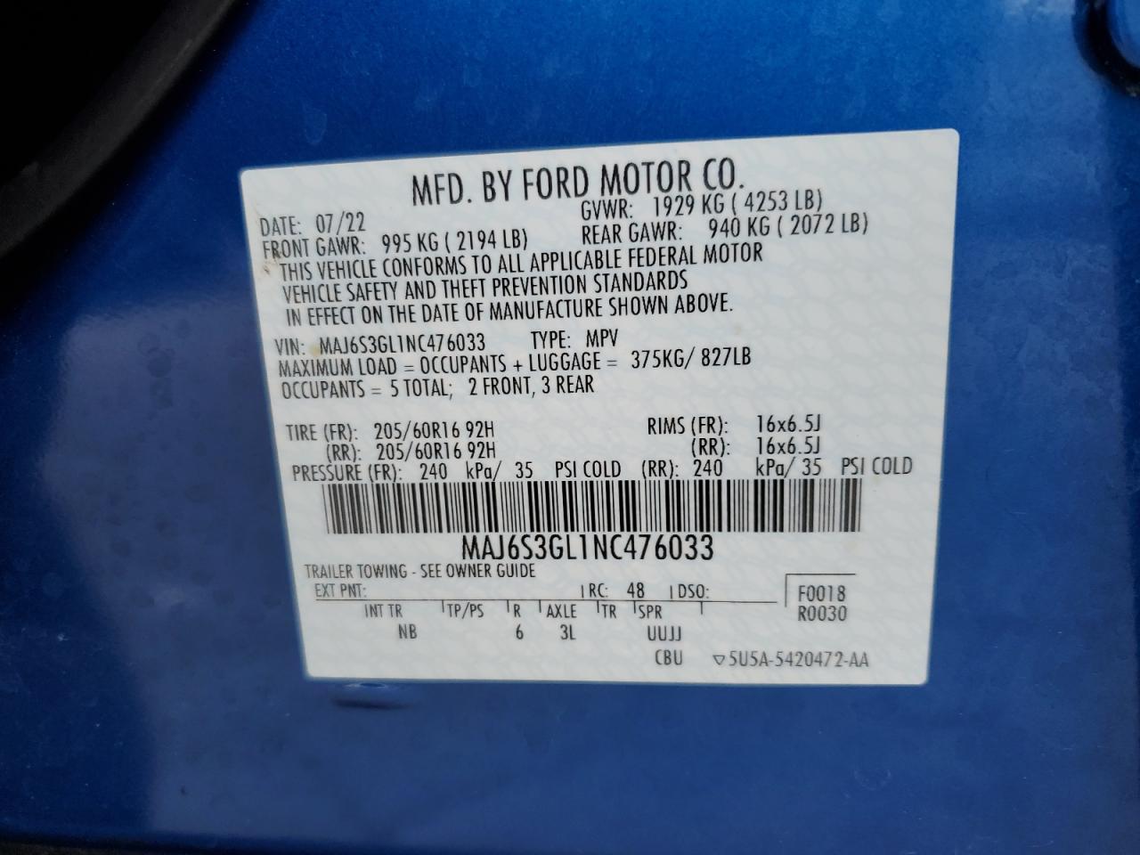 2022 FORD ECOSPORT SE VIN:MAJ6S3GL1NC476033