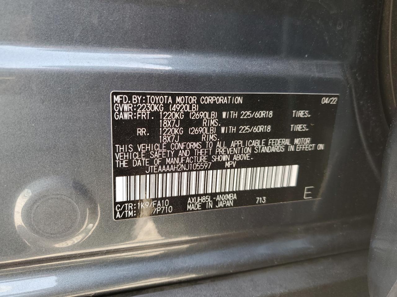 2022 TOYOTA VENZA LE VIN:JTEAAAAH2NJ105597