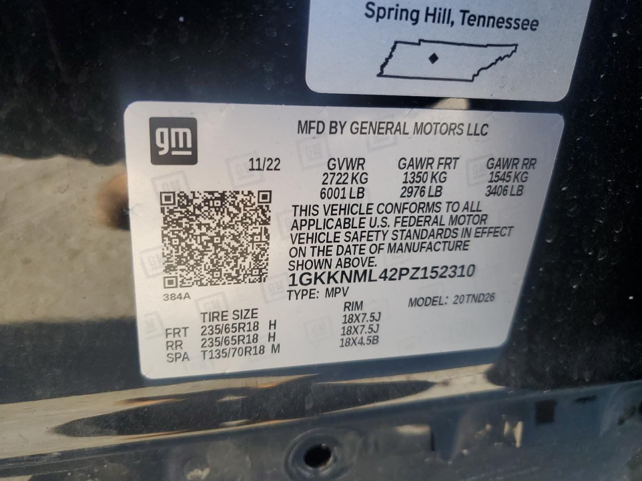 2023 GMC ACADIA SLT VIN:1GKKNML42PZ152310
