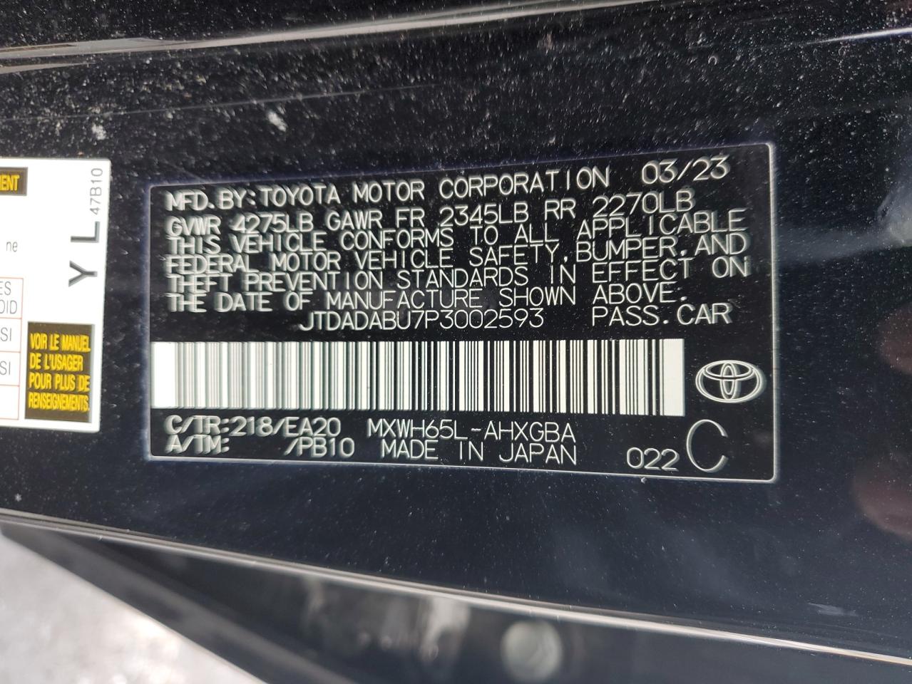 2023 TOYOTA PRIUS LE VIN:JTDADABU7P3002593
