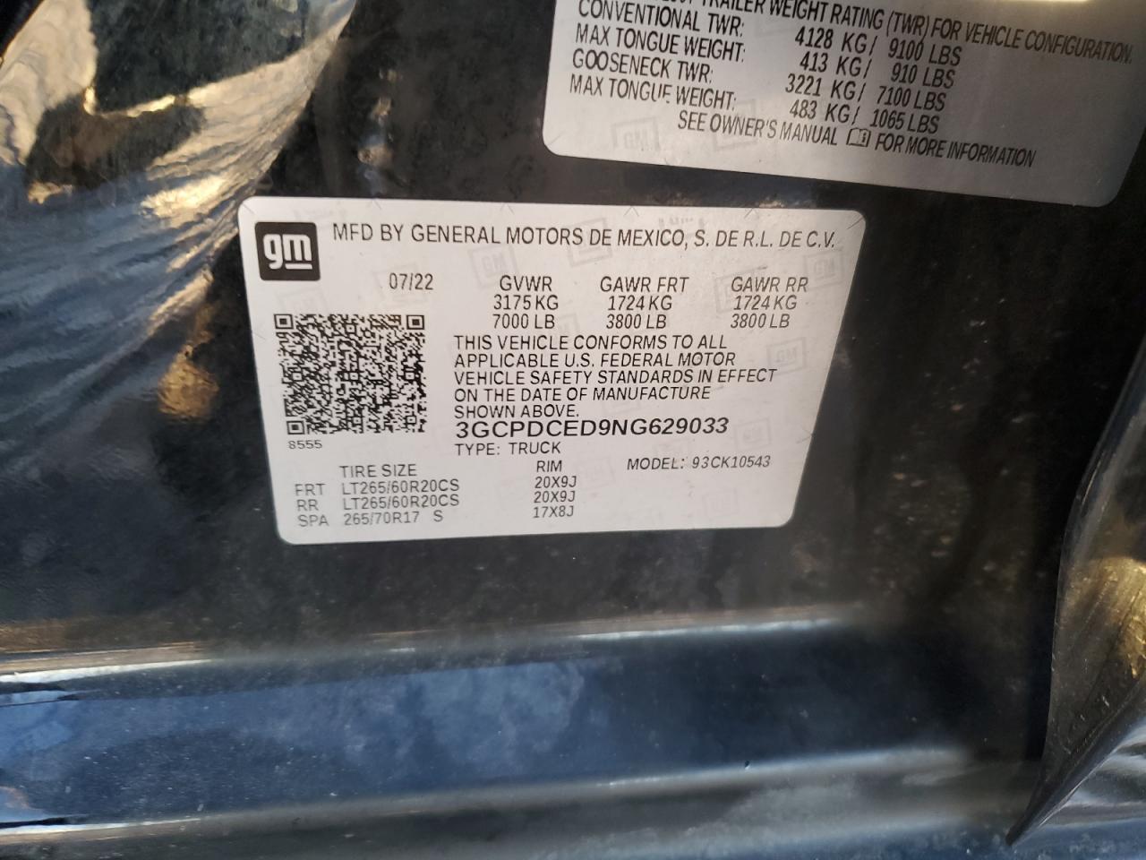 2022 CHEVROLET SILVERADO K1500 TRAIL BOSS CUSTOM VIN:3GCPDCED9NG629033