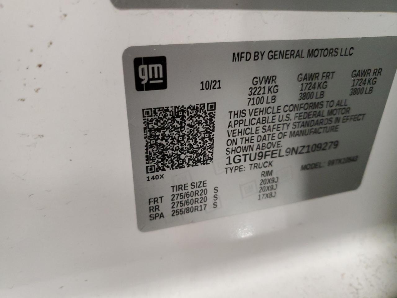 2022 GMC SIERRA LIMITED K1500 DENALI VIN:1GTU9FEL9NZ109279