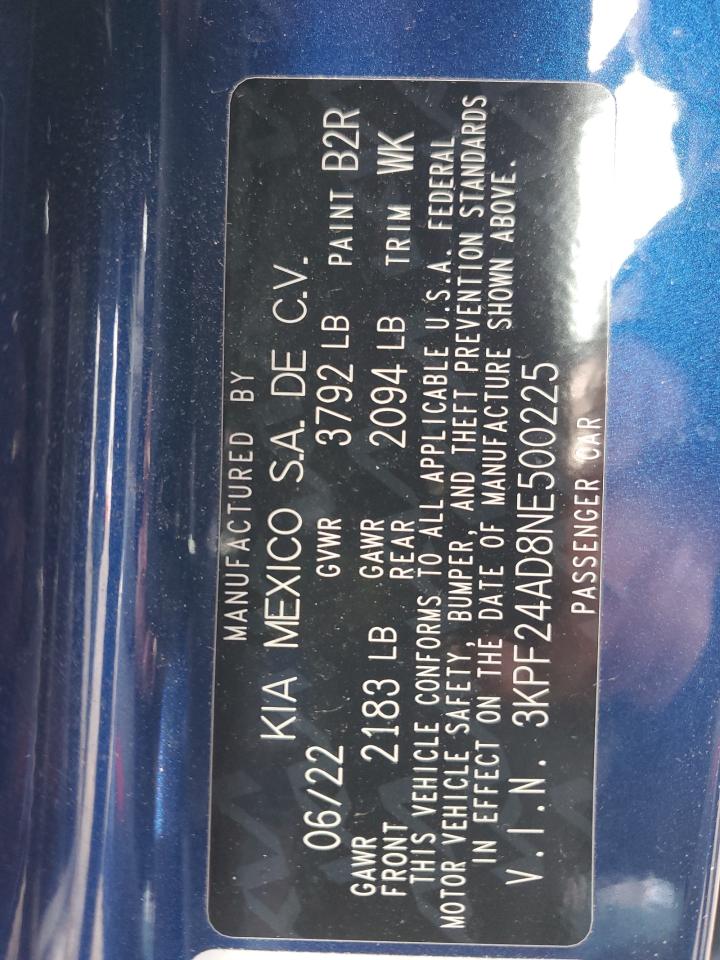 2022 KIA FORTE FE VIN:3KPF24AD8NE500225