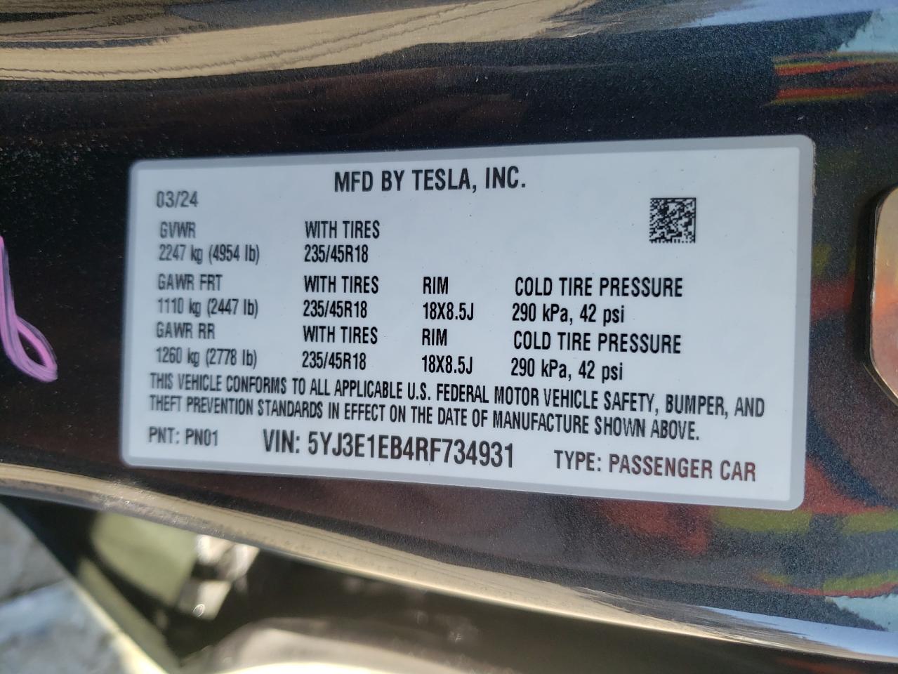 2024 TESLA MODEL 3  VIN:5YJ3E1EB4RF734931