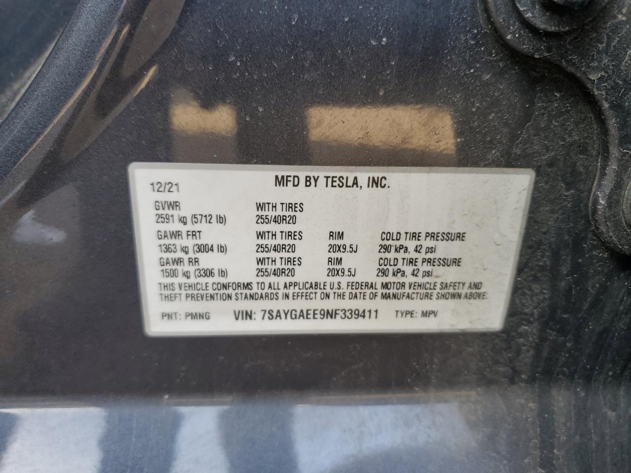 2022 TESLA MODEL Y  VIN:7SAYGAEE9NF339411