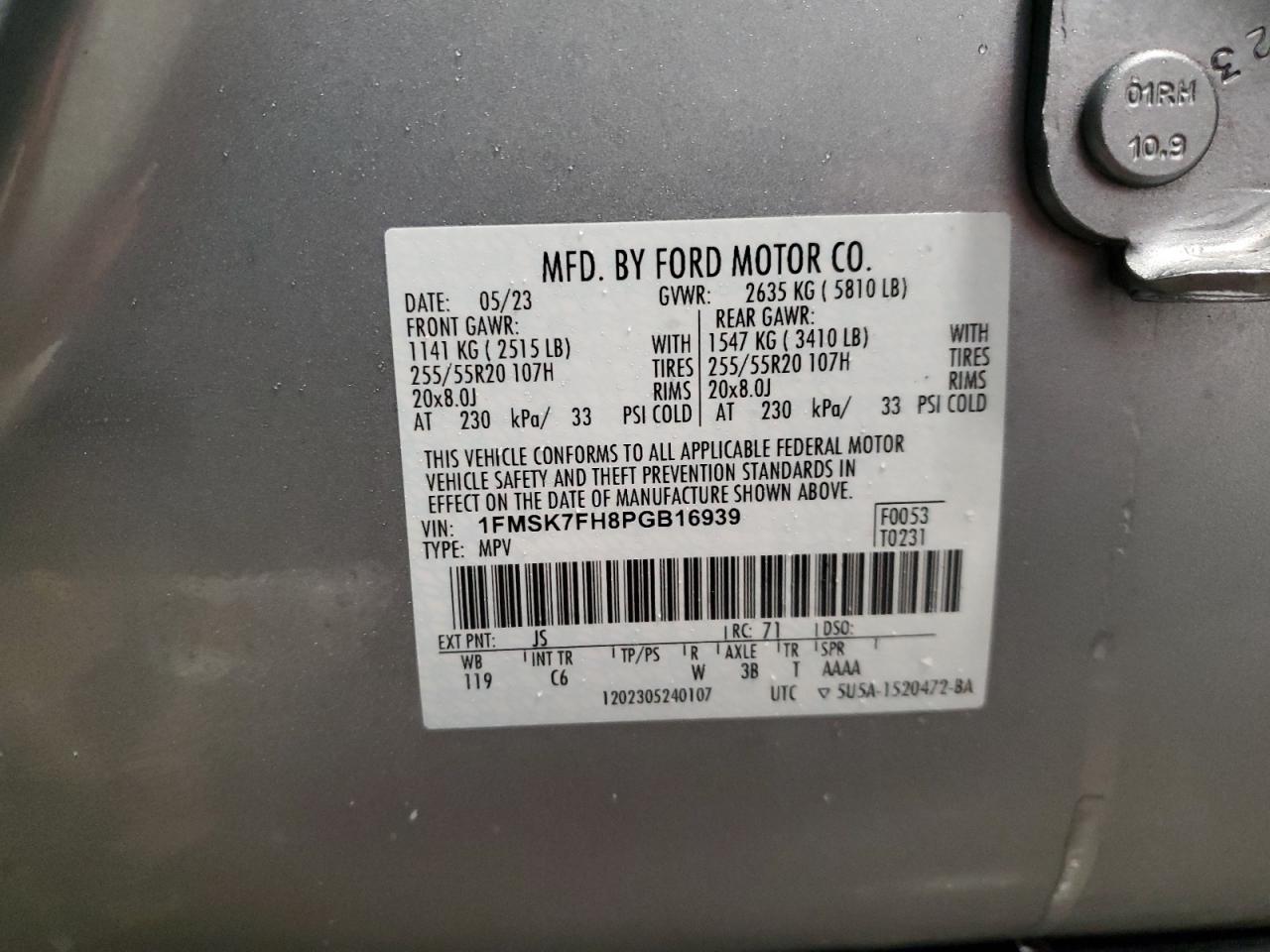2023 FORD EXPLORER LIMITED VIN:1FMSK7FH8PGB16939