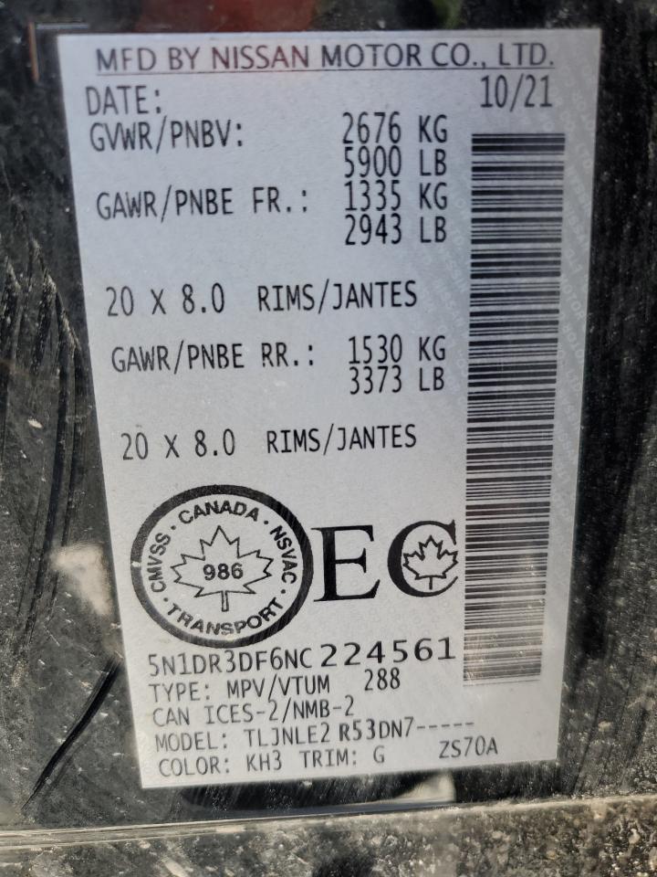 2022 NISSAN PATHFINDER PLATINUM VIN:5N1DR3DF6NC224561