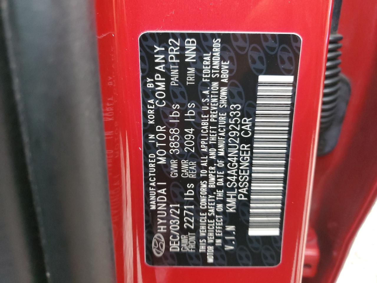 2022 HYUNDAI ELANTRA SEL VIN:KMHLS4AG4NU292533