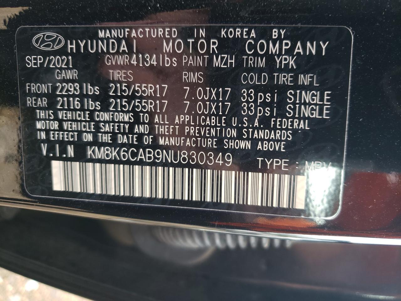 2022 HYUNDAI KONA SEL VIN:KM8K6CAB9NU830349