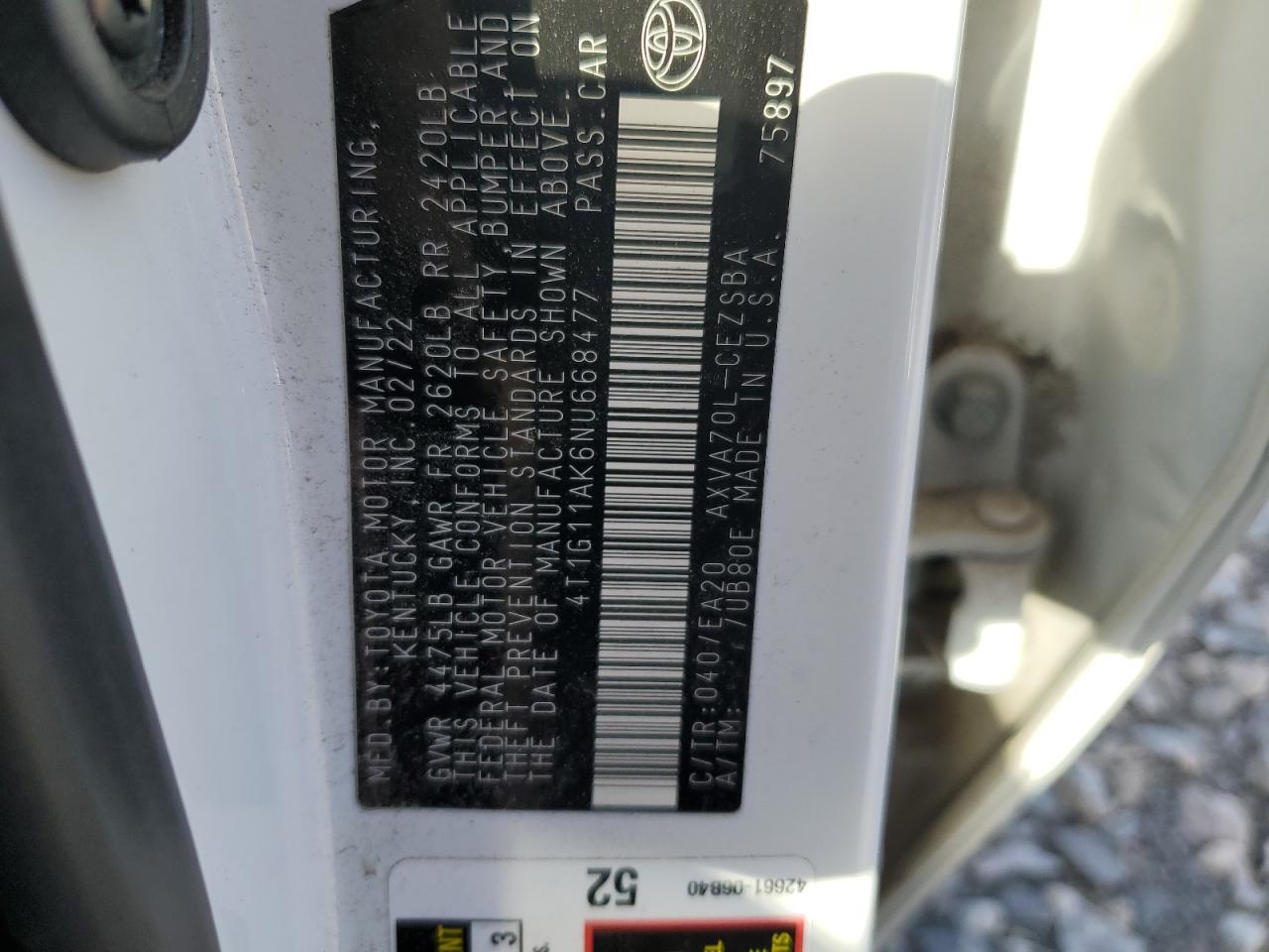2022 TOYOTA CAMRY SE VIN:4T1G11AK6NU668477