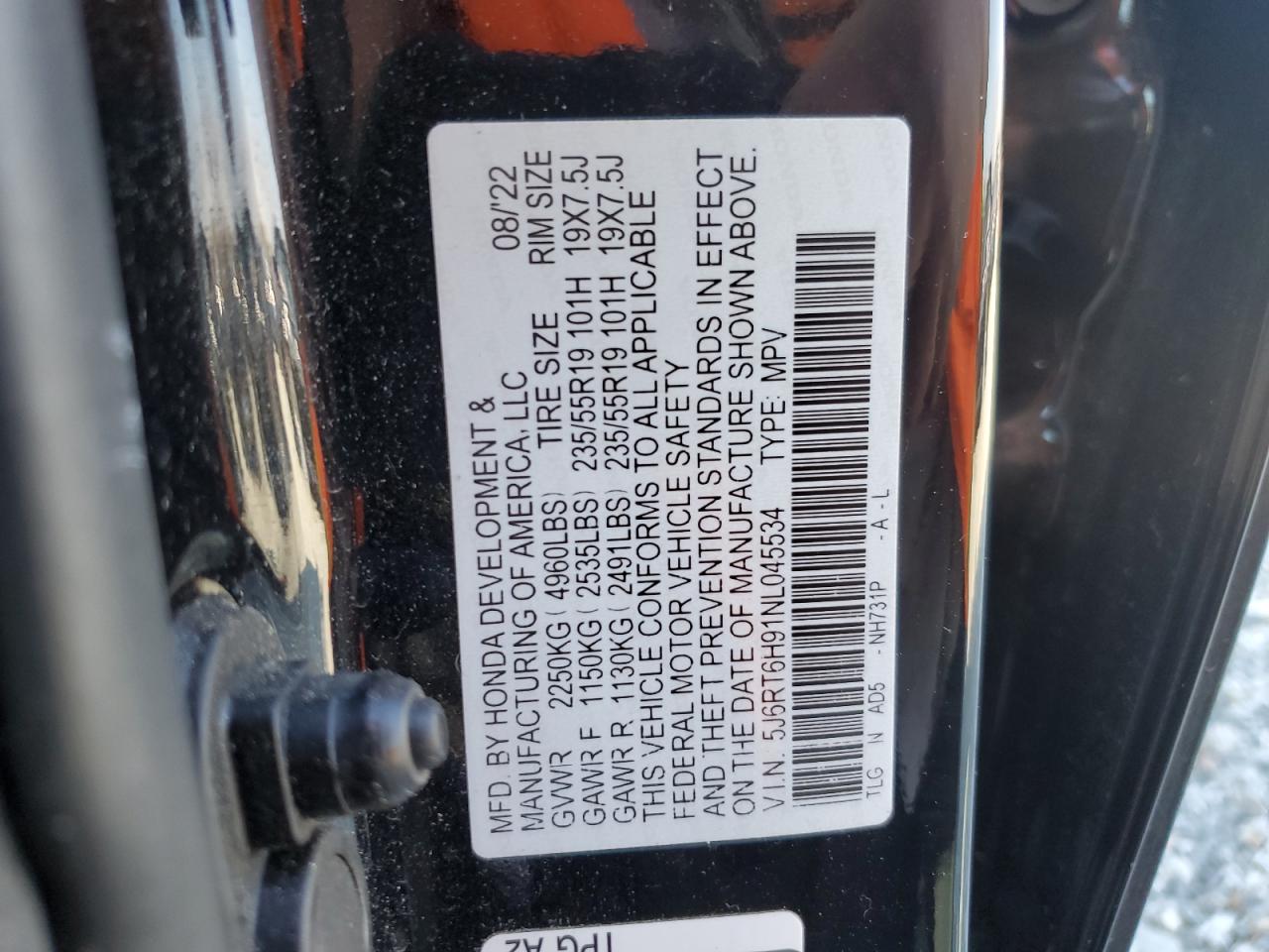 2022 HONDA CR-V TOURING VIN:5J6RT6H91NL045534