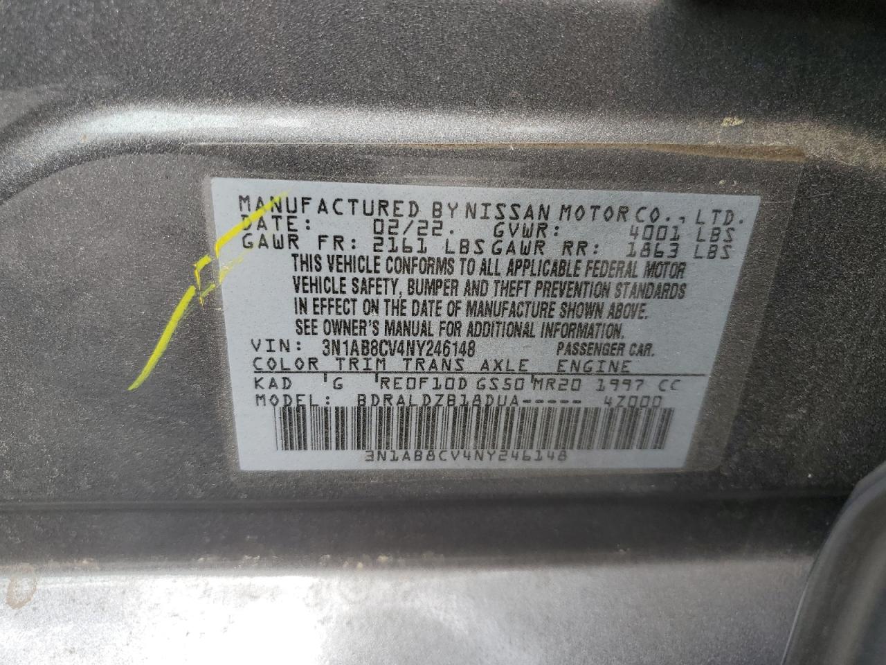 2022 NISSAN SENTRA SV VIN:WP0AA2A8XNS255297