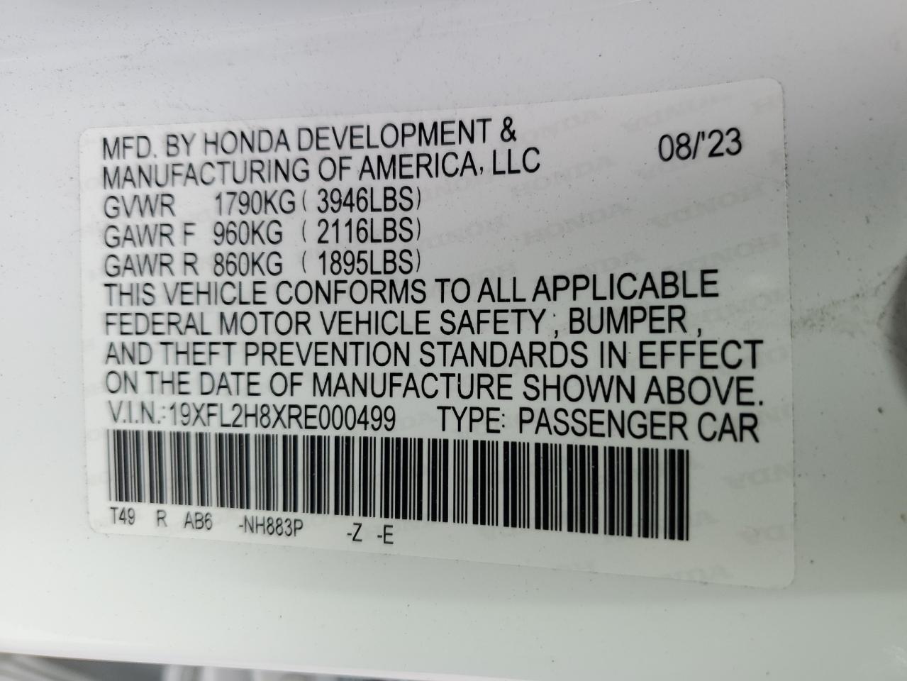 2024 HONDA CIVIC SPORT VIN:19XFL2H8XRE000499