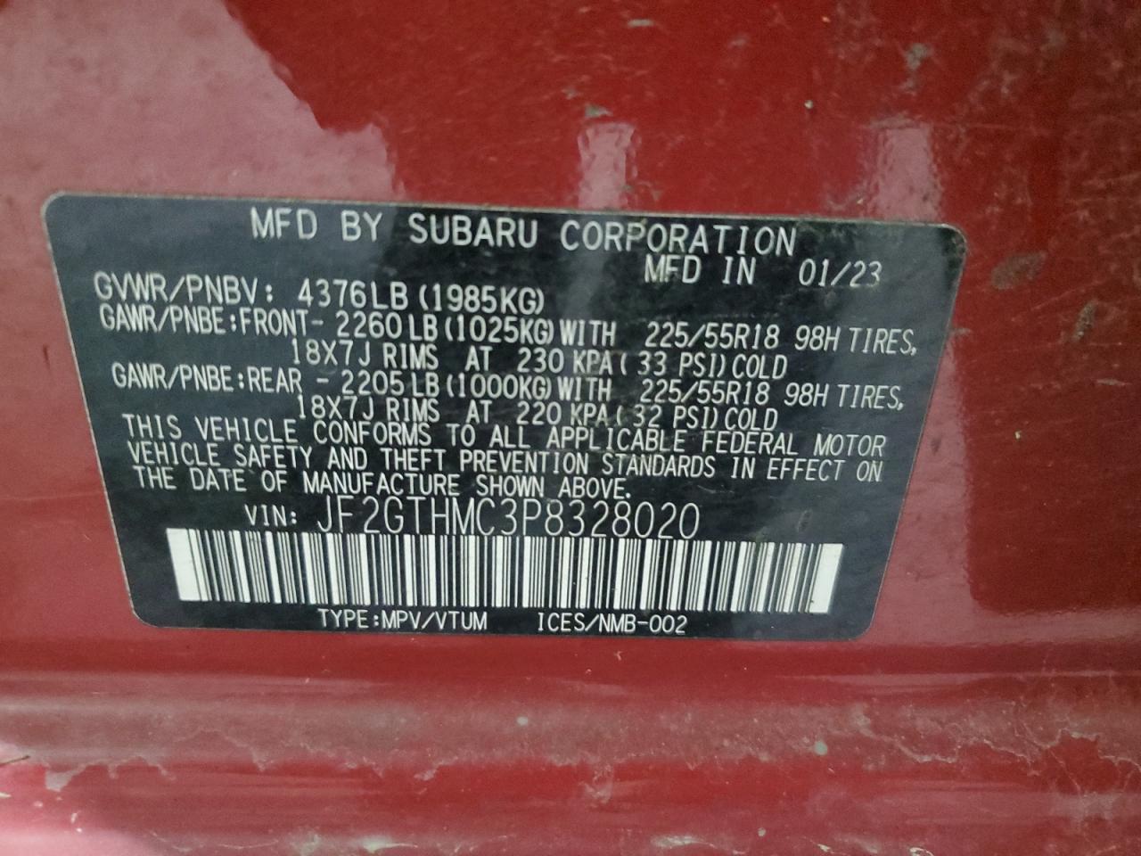 2023 SUBARU CROSSTREK LIMITED VIN:JF2GTHMC3P8328020