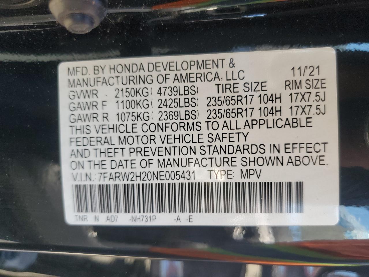 2022 HONDA CR-V LX VIN:7FARW2H20NE005431