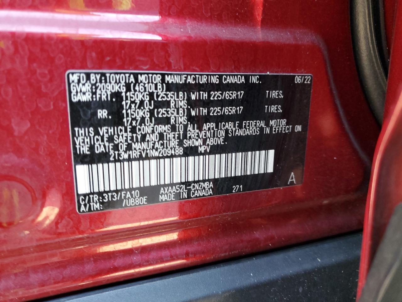 2022 TOYOTA RAV4 XLE VIN:2T3W1RFV1NW209488