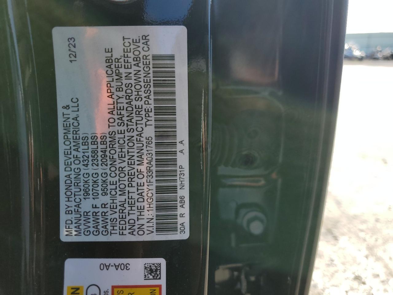 2024 HONDA ACCORD EX VIN:1HGCY1F33RA031765