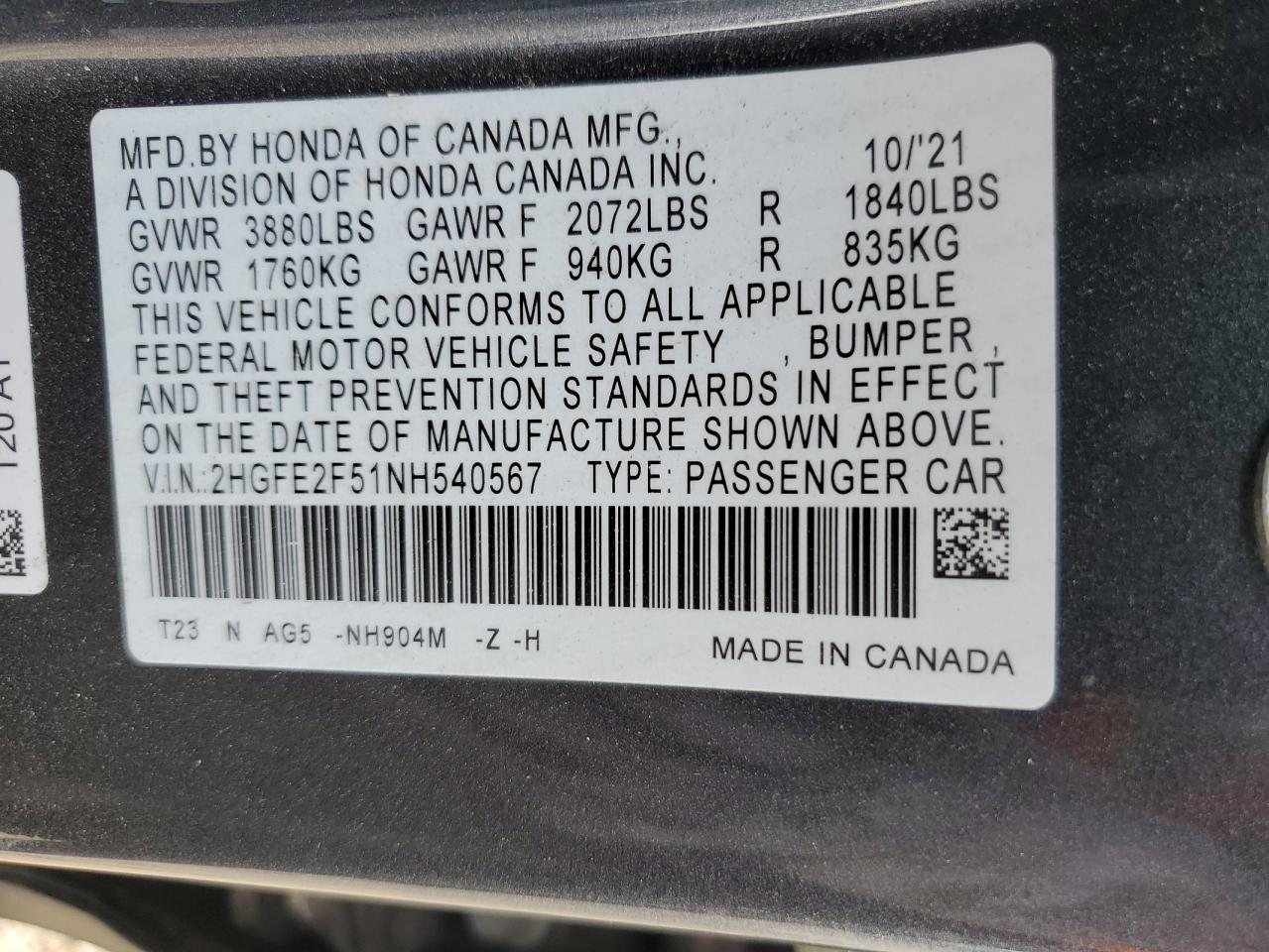 2022 HONDA CIVIC SPORT VIN:2HGFE2F51NH540567