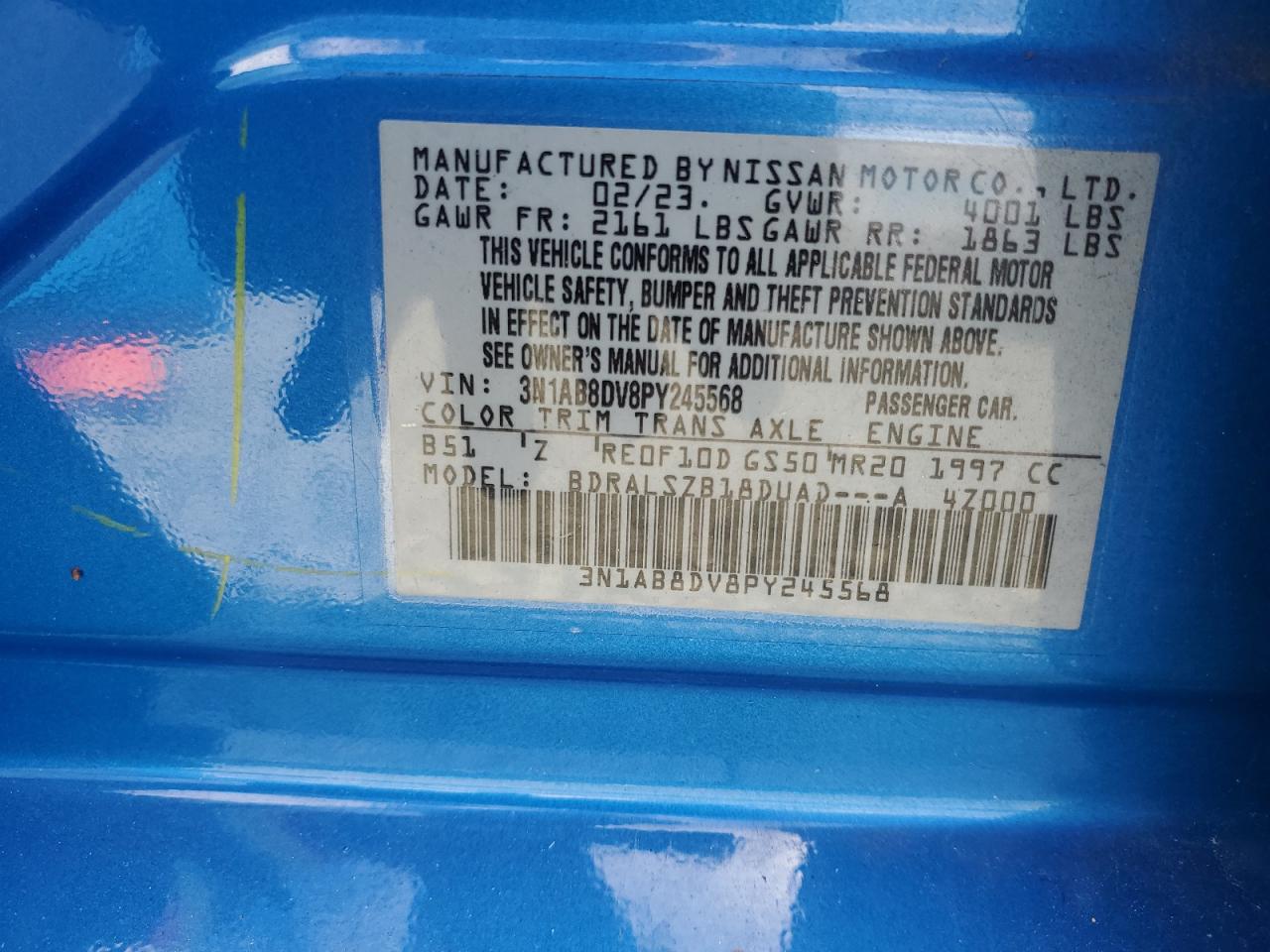 2023 NISSAN SENTRA SR VIN:3N1AB8DV8PY245568