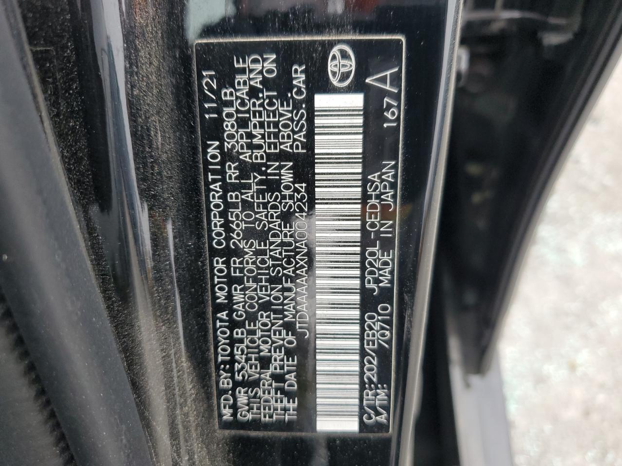 2022 TOYOTA MIRAI LE VIN:JTDAAAAAXNA004234