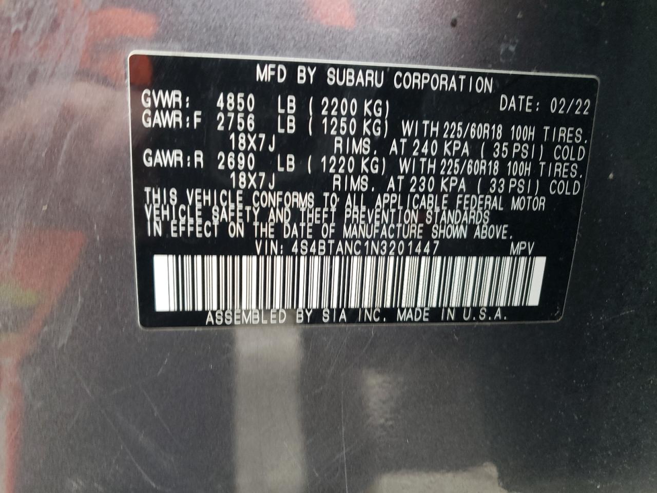 2022 SUBARU OUTBACK LIMITED VIN:4S4BTANC1N3201447