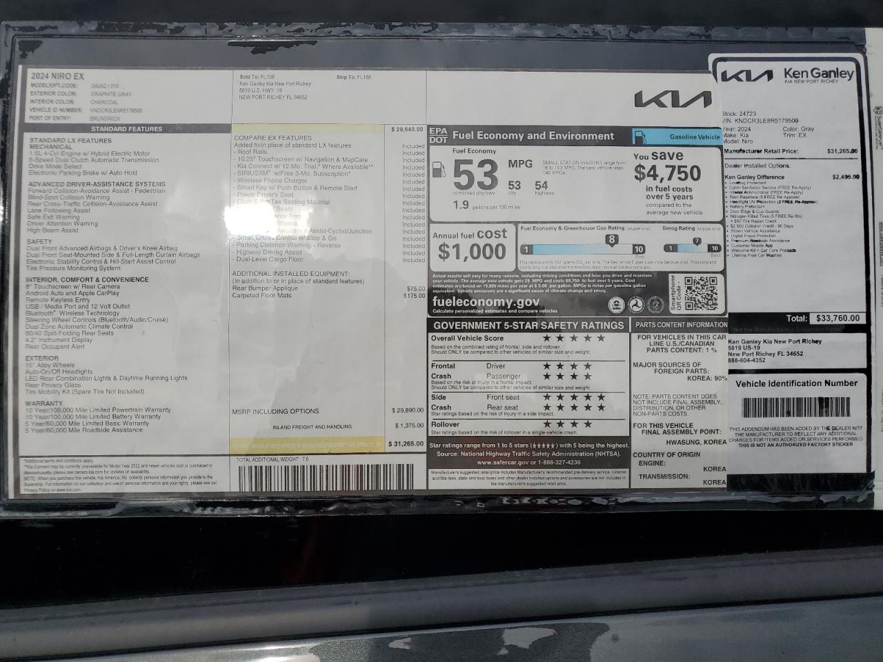 2024 KIA NIRO EX VIN:KNDCR3LE8R5179500