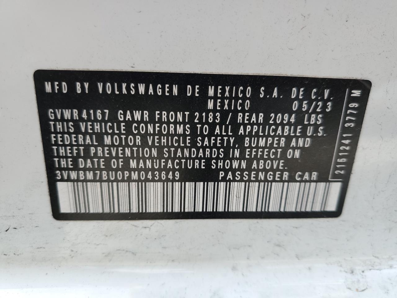 2023 VOLKSWAGEN JETTA SPORT VIN:3VWBM7BU0PM043649