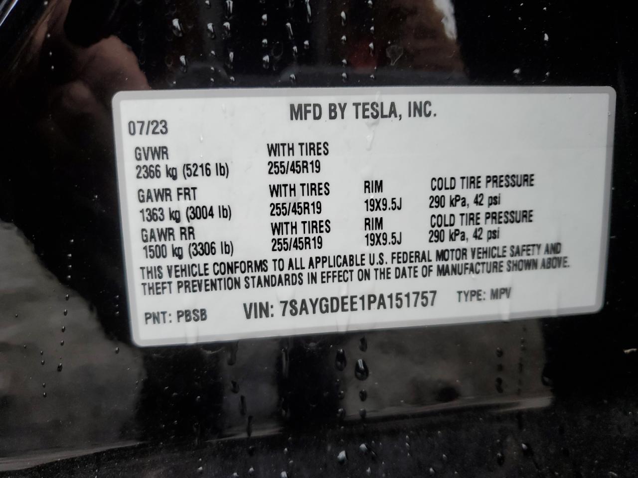 2023 TESLA MODEL Y VIN:7SAYGDEE1PA151757