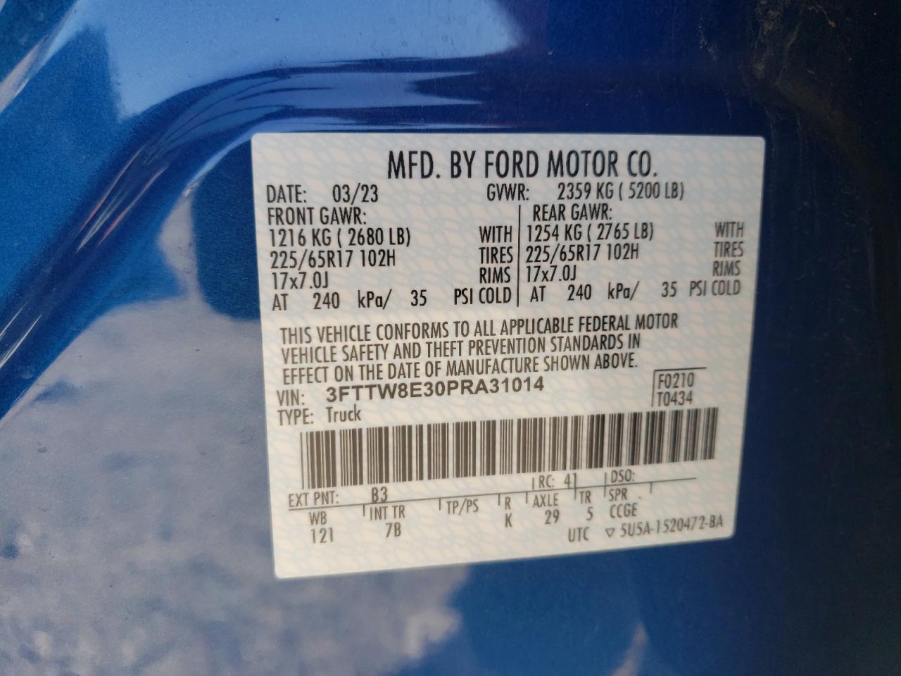 2023 FORD MAVERICK XL VIN:3FTTW8E30PRA31014