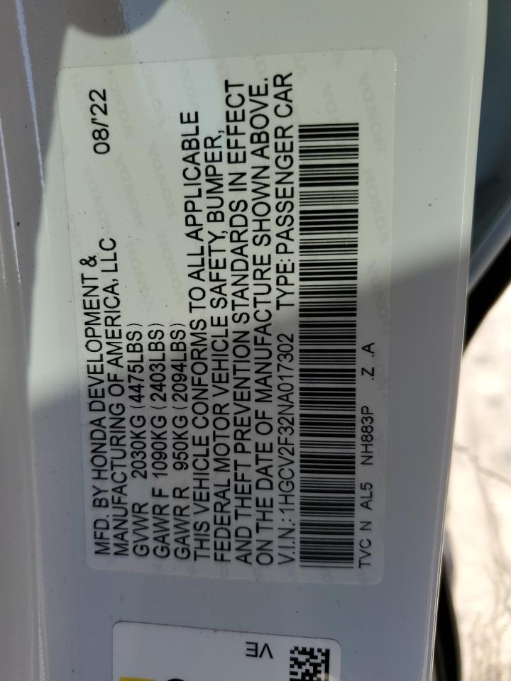 2022 HONDA ACCORD SPORT VIN:1HGCV2F32NA017302