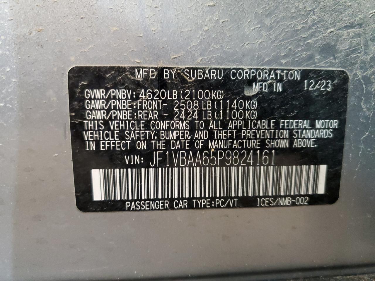 2023 SUBARU WRX  VIN:JF1VBAA65P9824161