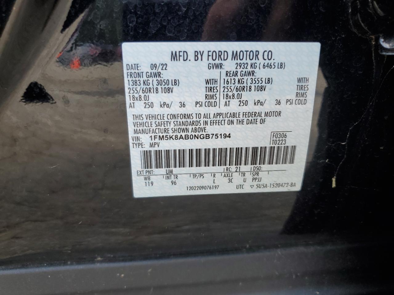 2022 FORD EXPLORER POLICE INTERCEPTOR VIN:1FM5K8AB0NGB75194